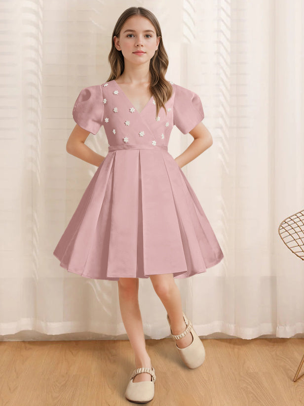 A-Line/Princess V-Neck Short Sleeves Knee-Length Flower Girl Dress with Appliques Dusty Rose