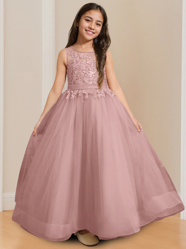 Ball-Gown Round Neck Sleeveless Floor-Length Flower Girl Dress with Appliques Dusty Rose