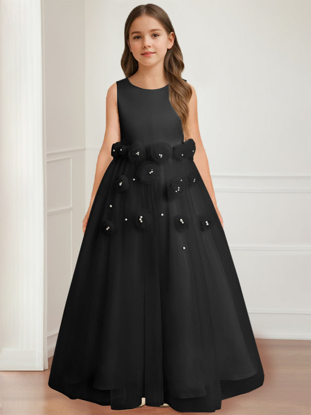 A-Line/Princess Round Neck Sleeveless Floor-Length Flower Girl Dress with 3D floral pattern Black