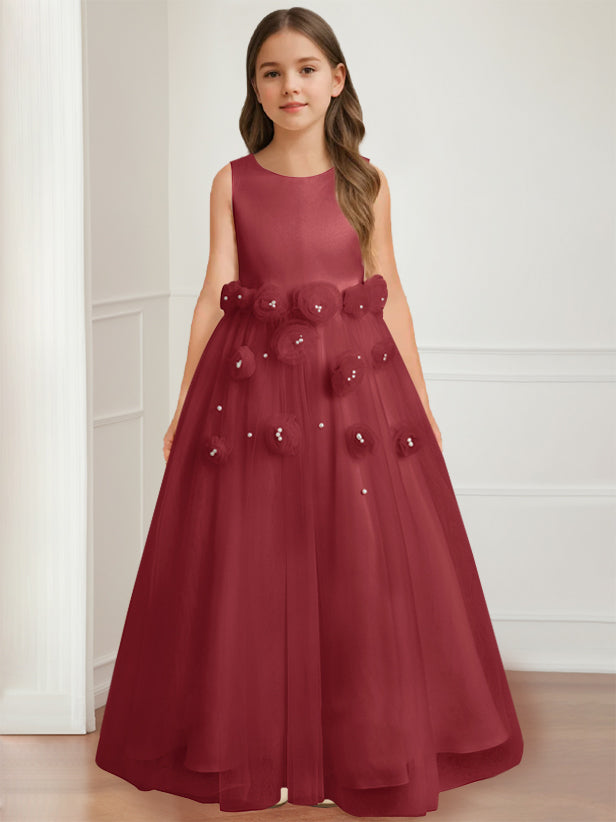 A-Line/Princess Round Neck Sleeveless Floor-Length Flower Girl Dress with 3D floral pattern Burgundy