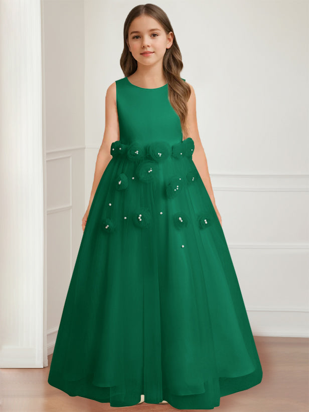 A-Line/Princess Round Neck Sleeveless Floor-Length Flower Girl Dress with 3D floral pattern Dark Green