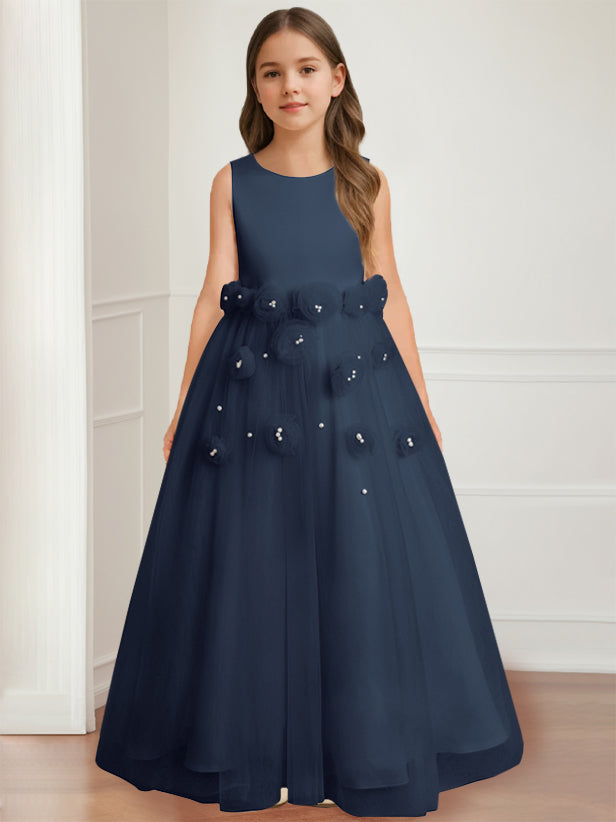 A-Line/Princess Round Neck Sleeveless Floor-Length Flower Girl Dress with 3D floral pattern Navy Blue