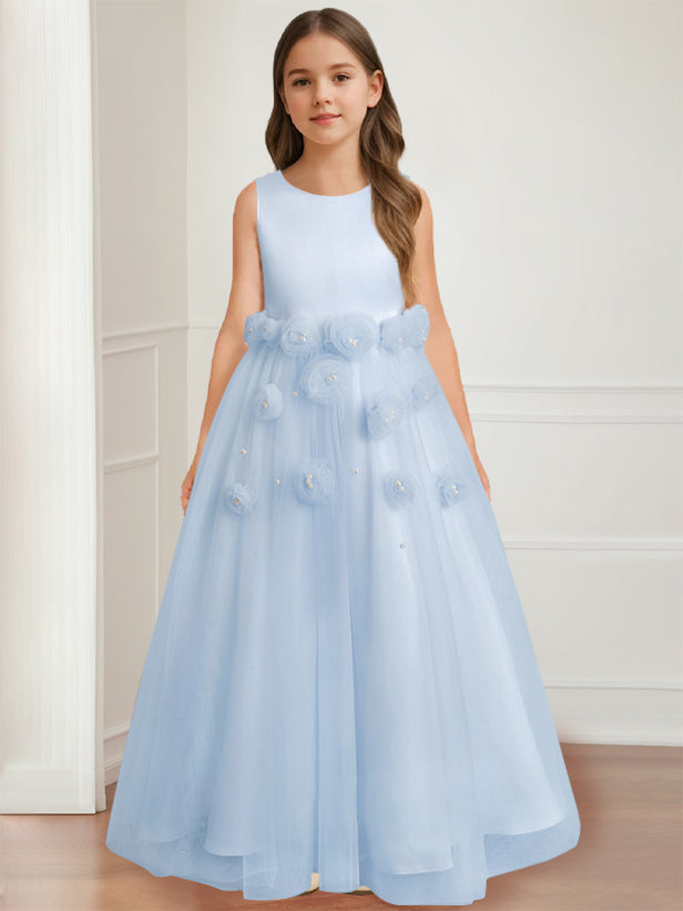 A-Line/Princess Round Neck Sleeveless Floor-Length Flower Girl Dress with 3D floral pattern Sky Blue