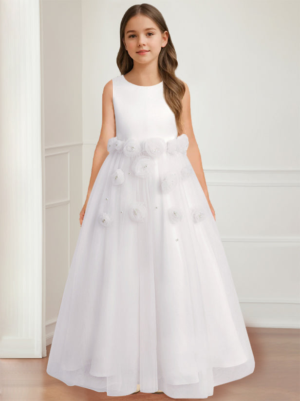 A-Line/Princess Round Neck Sleeveless Floor-Length Flower Girl Dress with 3D floral pattern White