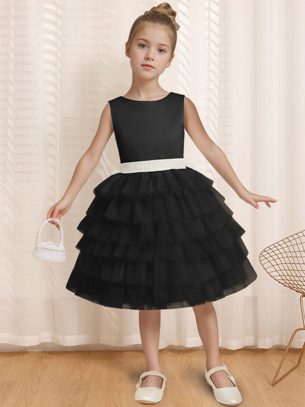 Ball-Gown Round Neck Sleeveless Knee-Length Flower Girl Dress with Ruffles & Bowknot Black