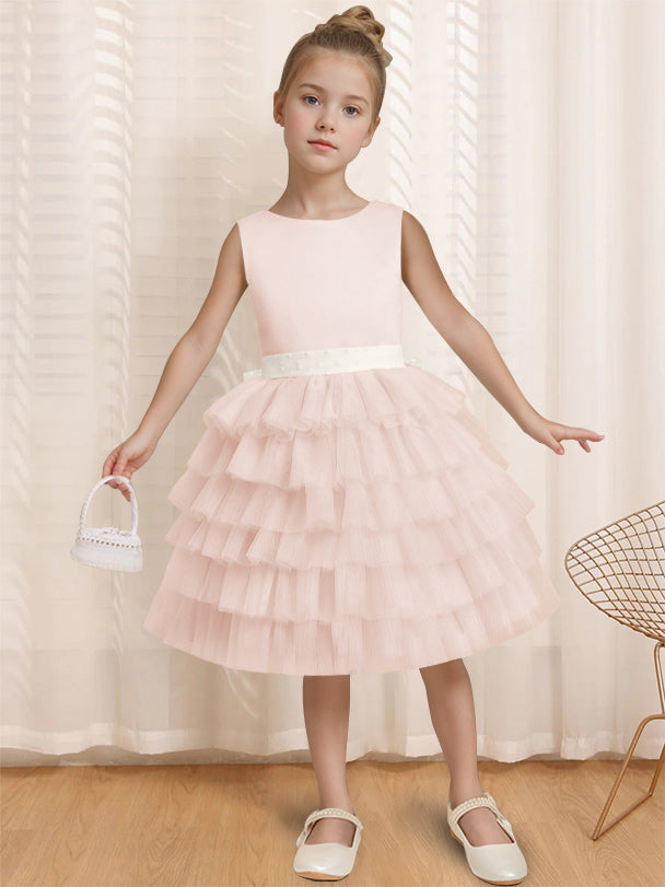 Ball-Gown Round Neck Sleeveless Knee-Length Flower Girl Dress with Ruffles & Bowknot Blush Pink