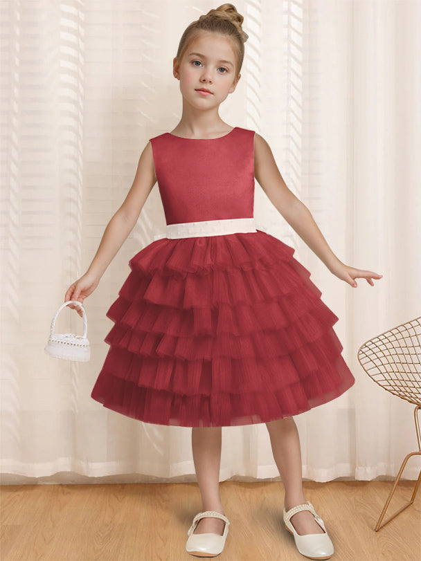 Ball-Gown Round Neck Sleeveless Knee-Length Flower Girl Dress with Ruffles & Bowknot Burgundy