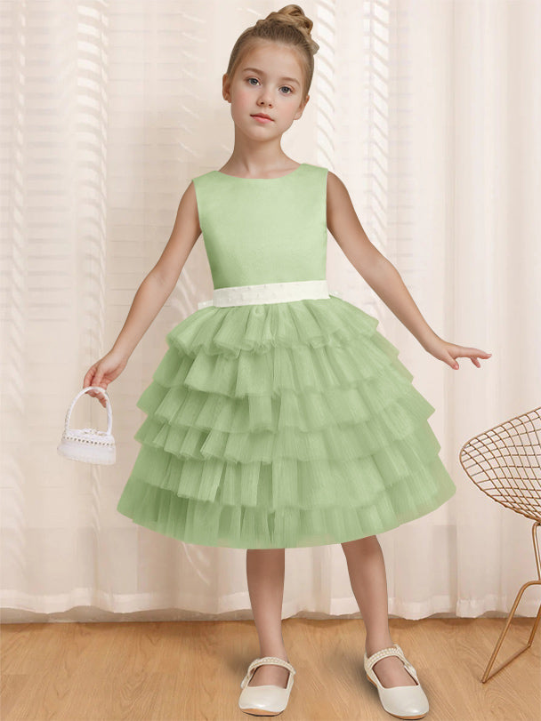 Ball-Gown Round Neck Sleeveless Knee-Length Flower Girl Dress with Ruffles & Bowknot Celadon