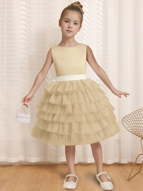 Ball-Gown Round Neck Sleeveless Knee-Length Flower Girl Dress with Ruffles & Bowknot Champagne