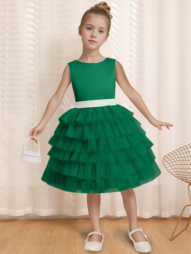 Ball-Gown Round Neck Sleeveless Knee-Length Flower Girl Dress with Ruffles & Bowknot Dark Green