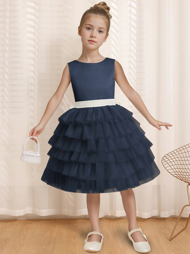 Ball-Gown Round Neck Sleeveless Knee-Length Flower Girl Dress with Ruffles & Bowknot Navy Blue