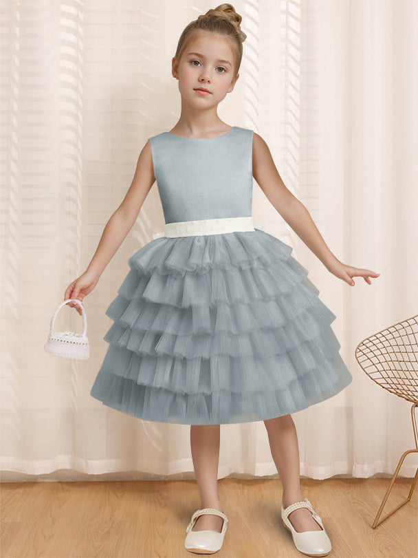 Ball-Gown Round Neck Sleeveless Knee-Length Flower Girl Dress with Ruffles & Bowknot Dusty Blue