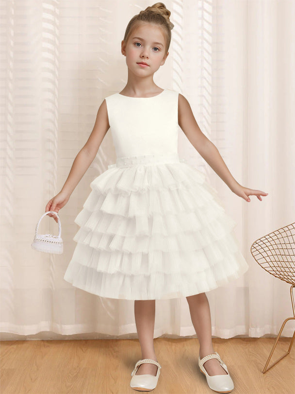 Ball-Gown Round Neck Sleeveless Knee-Length Flower Girl Dress with Ruffles & Bowknot Ivory
