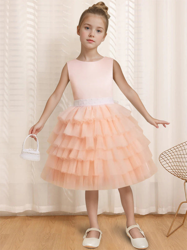 Ball-Gown Round Neck Sleeveless Knee-Length Flower Girl Dress with Ruffles & Bowknot Pearl Pink