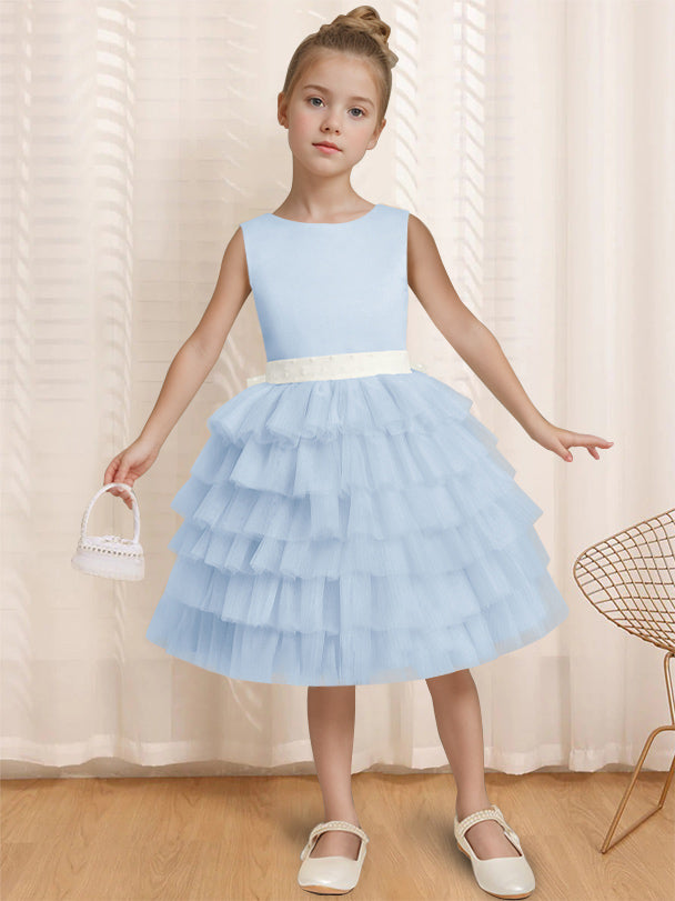 Ball-Gown Round Neck Sleeveless Knee-Length Flower Girl Dress with Ruffles & Bowknot Sky Blue