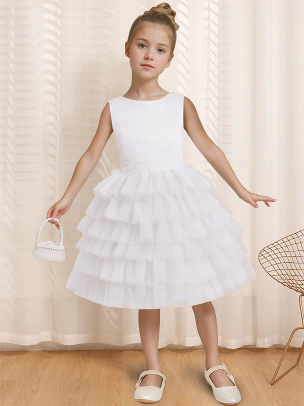 Ball-Gown Round Neck Sleeveless Knee-Length Flower Girl Dress with Ruffles & Bowknot White