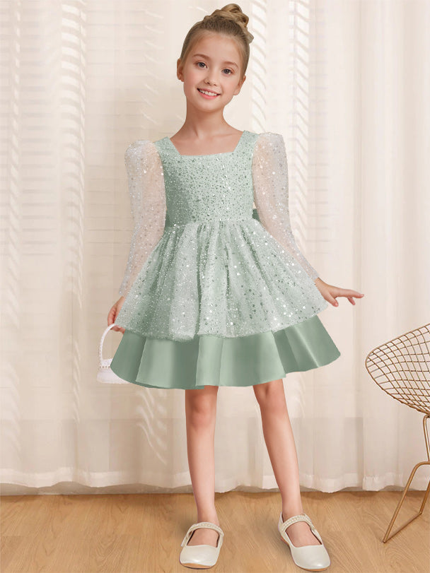 A-Line/Princess Square Neck Long Sleeves Knee-Length Flower Girl Dress with Bowknot Agave