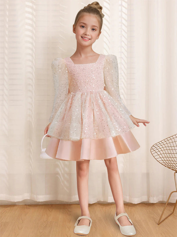 A-Line/Princess Square Neck Long Sleeves Knee-Length Flower Girl Dress with Bowknot As Pic