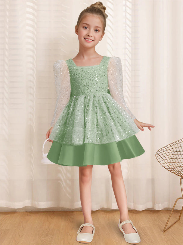 A-Line/Princess Square Neck Long Sleeves Knee-Length Flower Girl Dress with Bowknot Basil
