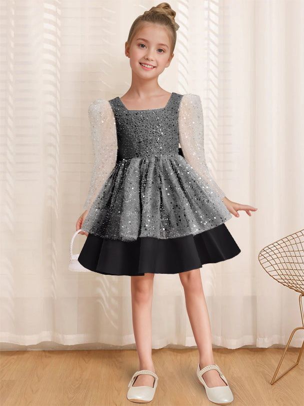 A-Line/Princess Square Neck Long Sleeves Knee-Length Flower Girl Dress with Bowknot Black