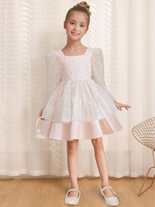 A-Line/Princess Square Neck Long Sleeves Knee-Length Flower Girl Dress with Bowknot Blush Pink