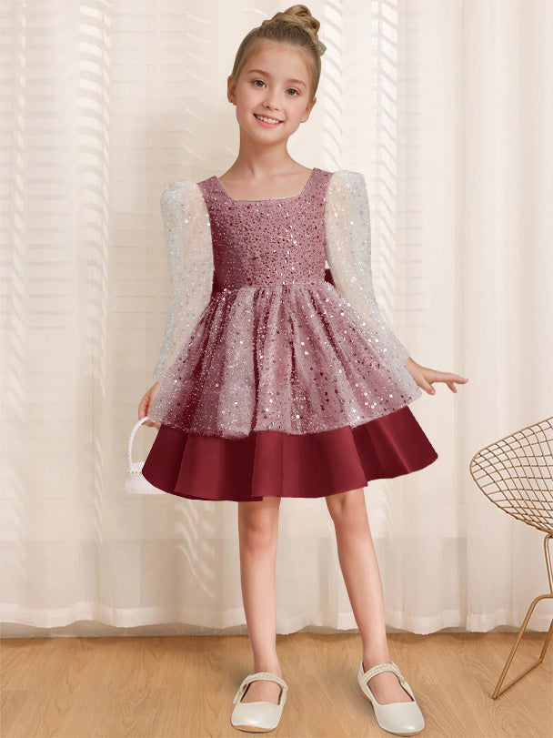 A-Line/Princess Square Neck Long Sleeves Knee-Length Flower Girl Dress with Bowknot Burgundy