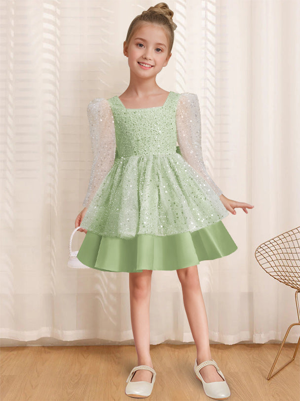 A-Line/Princess Square Neck Long Sleeves Knee-Length Flower Girl Dress with Bowknot Celadon