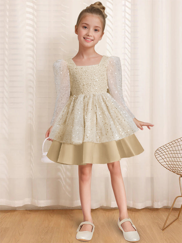 A-Line/Princess Square Neck Long Sleeves Knee-Length Flower Girl Dress with Bowknot Champagne