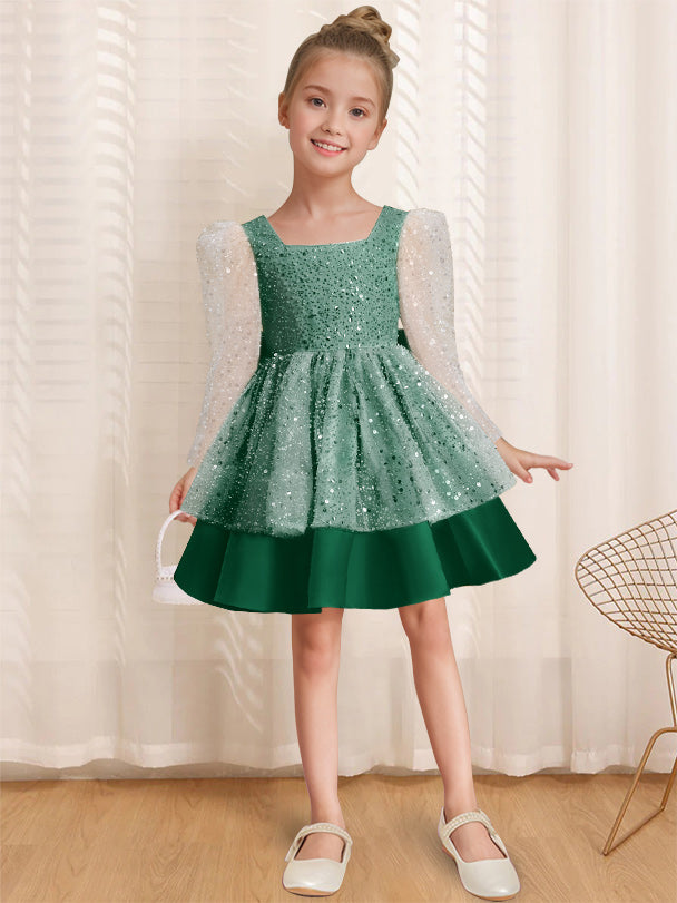 A-Line/Princess Square Neck Long Sleeves Knee-Length Flower Girl Dress with Bowknot Dark Green