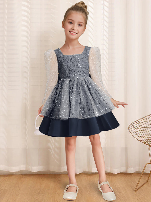A-Line/Princess Square Neck Long Sleeves Knee-Length Flower Girl Dress with Bowknot Navy Blue