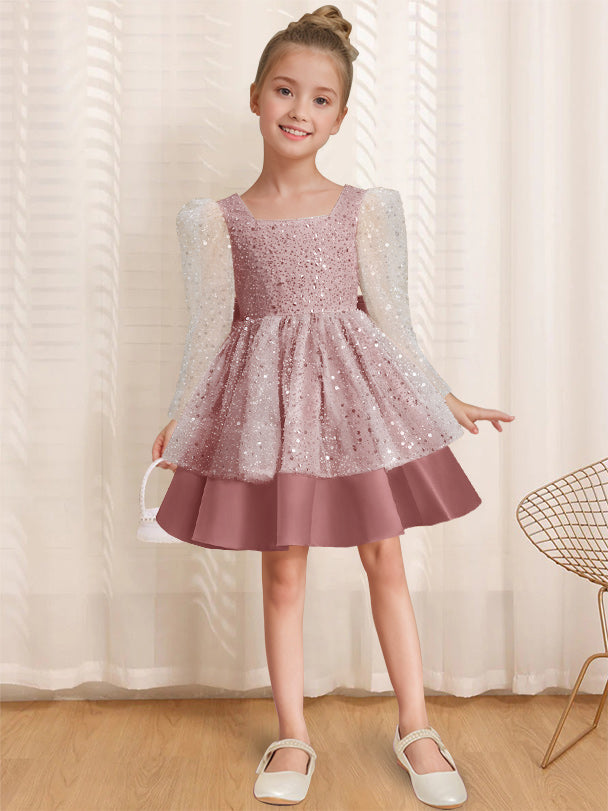 A-Line/Princess Square Neck Long Sleeves Knee-Length Flower Girl Dress with Bowknot Desert Rose