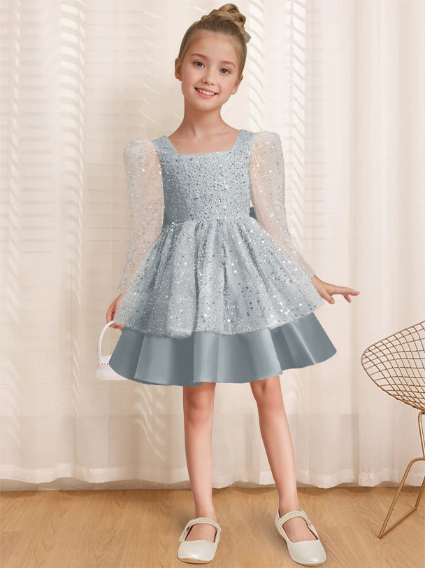 A-Line/Princess Square Neck Long Sleeves Knee-Length Flower Girl Dress with Bowknot Dusty Blue