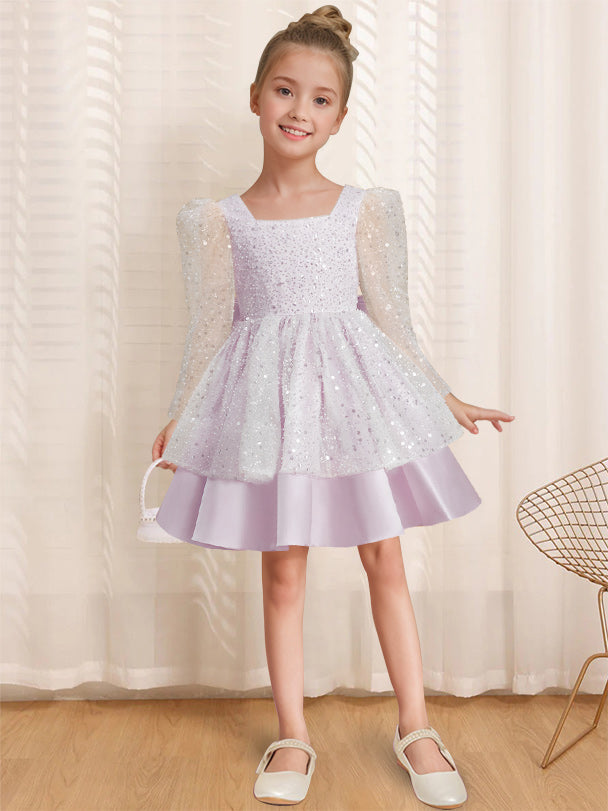 A-Line/Princess Square Neck Long Sleeves Knee-Length Flower Girl Dress with Bowknot Dusty Lavender