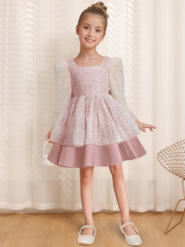 A-Line/Princess Square Neck Long Sleeves Knee-Length Flower Girl Dress with Bowknot Dusty Rose