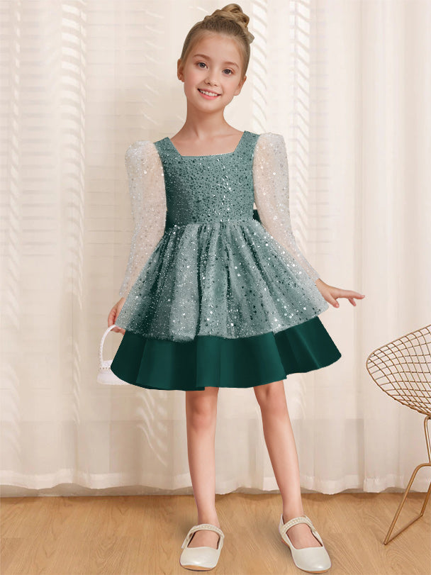 A-Line/Princess Square Neck Long Sleeves Knee-Length Flower Girl Dress with Bowknot Emerald