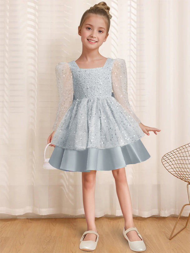 A-Line/Princess Square Neck Long Sleeves Knee-Length Flower Girl Dress with Bowknot Ice Blue