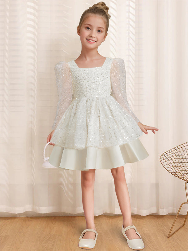 A-Line/Princess Square Neck Long Sleeves Knee-Length Flower Girl Dress with Bowknot Ivory