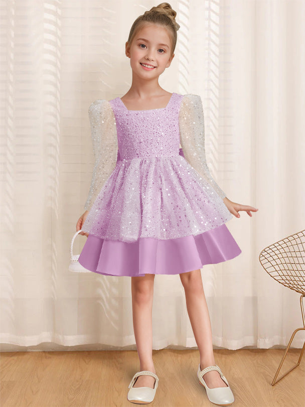 A-Line/Princess Square Neck Long Sleeves Knee-Length Flower Girl Dress with Bowknot Lilac