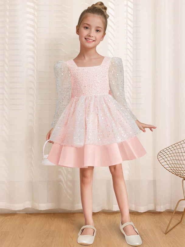 A-Line/Princess Square Neck Long Sleeves Knee-Length Flower Girl Dress with Bowknot Pearl Pink