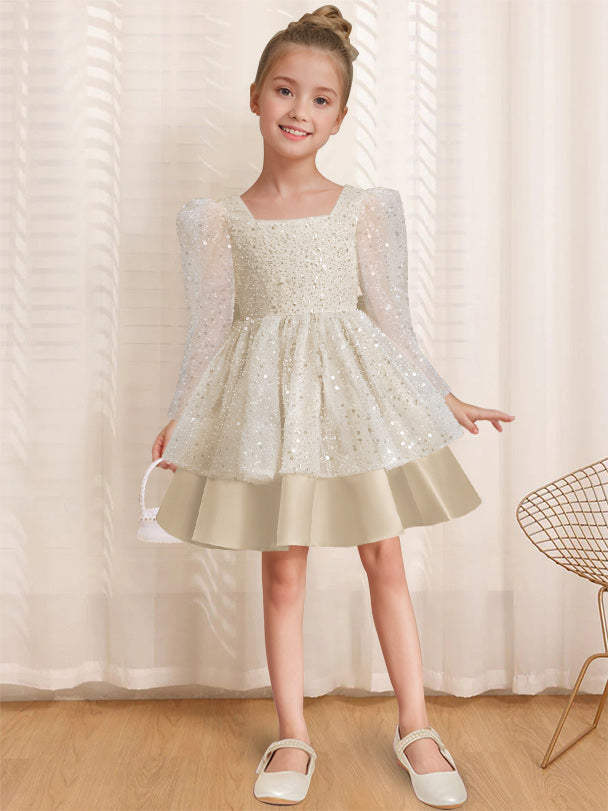A-Line/Princess Square Neck Long Sleeves Knee-Length Flower Girl Dress with Bowknot Sand