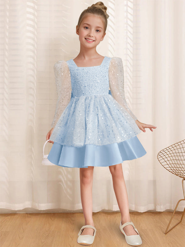A-Line/Princess Square Neck Long Sleeves Knee-Length Flower Girl Dress with Bowknot Sky Blue