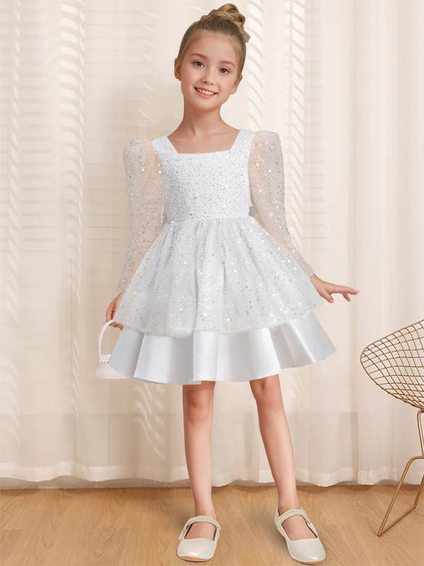 A-Line/Princess Square Neck Long Sleeves Knee-Length Flower Girl Dress with Bowknot White