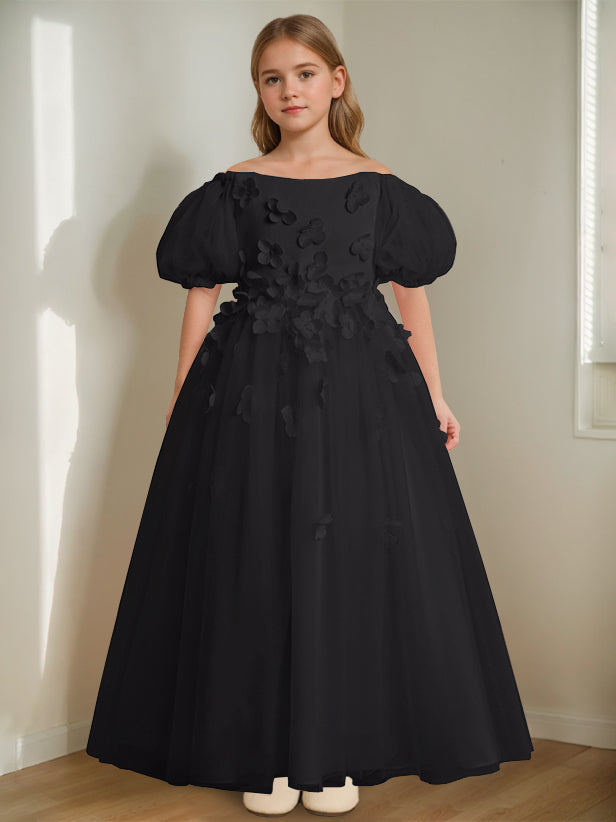A-Line/Princess Off-the-Shoulder Ankle-Length Flower Girl Dress with Beads & 3D Flowers Black
