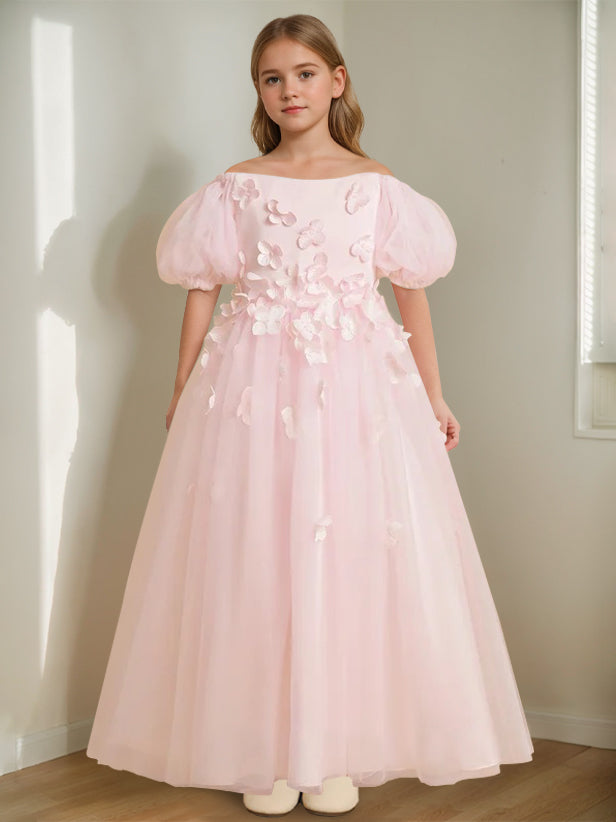 A-Line/Princess Off-the-Shoulder Ankle-Length Flower Girl Dress with Beads & 3D Flowers Blush Pink
