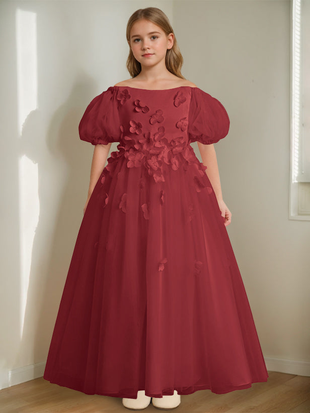 A-Line/Princess Off-the-Shoulder Ankle-Length Flower Girl Dress with Beads & 3D Flowers Burgundy