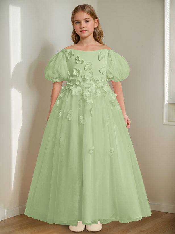 A-Line/Princess Off-the-Shoulder Ankle-Length Flower Girl Dress with Beads & 3D Flowers Celadon