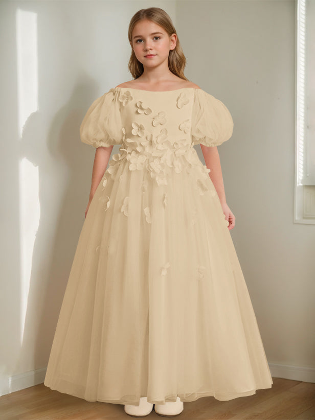 A-Line/Princess Off-the-Shoulder Ankle-Length Flower Girl Dress with Beads & 3D Flowers Champagne
