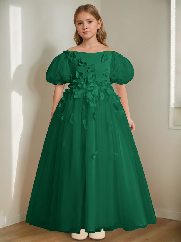 A-Line/Princess Off-the-Shoulder Ankle-Length Flower Girl Dress with Beads & 3D Flowers Dark Green