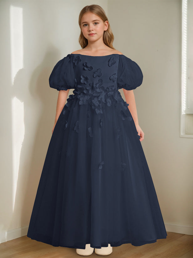 A-Line/Princess Off-the-Shoulder Ankle-Length Flower Girl Dress with Beads & 3D Flowers Navy Blue