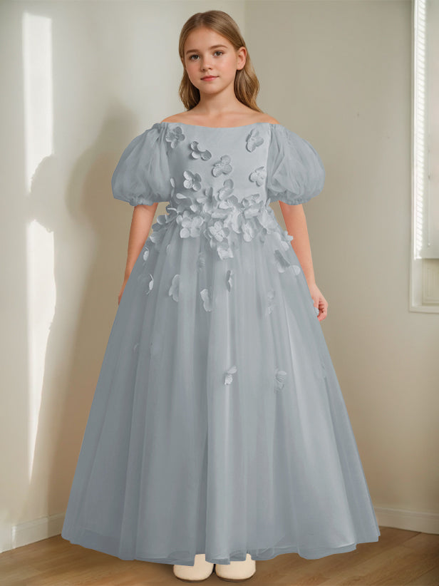 A-Line/Princess Off-the-Shoulder Ankle-Length Flower Girl Dress with Beads & 3D Flowers Dusty Blue